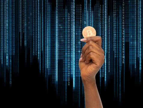 Close up of hand with bitcoin over binary code 스톡 사진