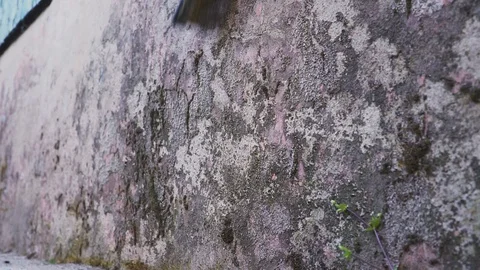 Close up hand with brass wire brush scrubbing dirt stain on white cement outside 스톡 동영상 129553966