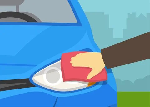 Close-up of a hand cleaning a headlight with rag. Wiping the front lamps. Stock Illustration