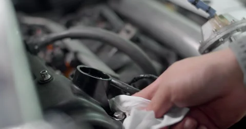 Close-up of hand cleaning spilled engine oil around the engine area. Stock Footage 311370672
