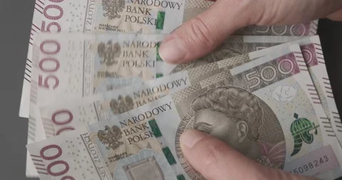 Close up-of hand counting money PLN. Hand with 500 zloty banknote Stock Footage 220455547