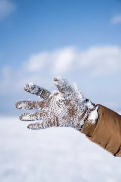Close-up of a hand covered with snow on a cold winter day. Stock Photos