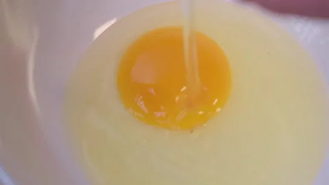 Close up of a hand cracking an egg into a white bowl reveals the yolk. Stock Footage 172424895