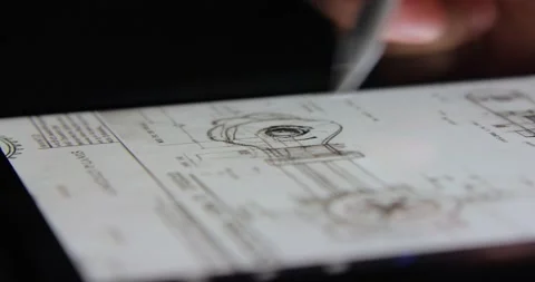 Close up hand draw of schematics on a digital tablet with pencil Stock Footage 237798087