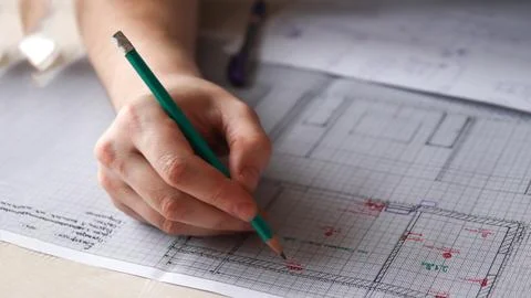 Close-up of a hand drawing an architectural plan on graph paper with a gree.. Foto stock