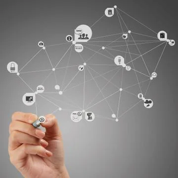 Close up of hand drawing cloud computing diagram on the new computer interfac Illustrazione stock