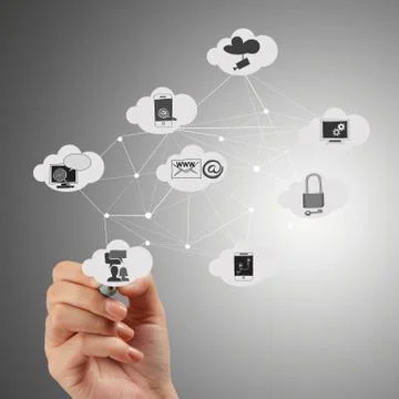 Close up of hand drawing cloud computing diagram on the new computer interfac Illustration