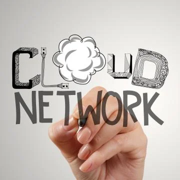 Close up of hand drawing cloud network as concept Stock Illustration