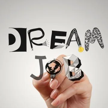 Close up of hand drawing design words dream job as concept Stock Illustration