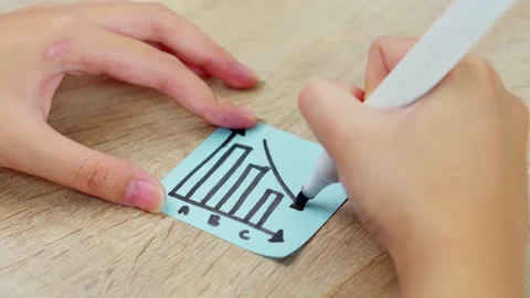 Close-up of Hand drawing downward trend arrow on bar chart sticky note Stock Footage 330909408