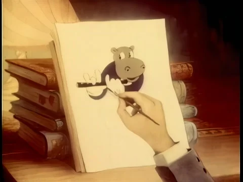 Close-up hand drawing a flute playing hippo Stock Footage 261022344