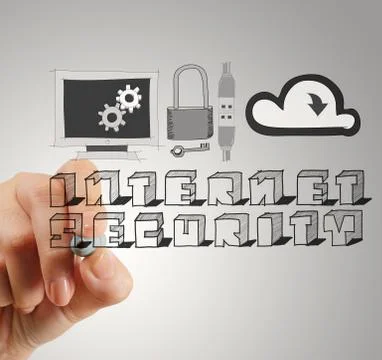 Close up of hand drawing internet security online business as concept Stock Illustration