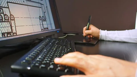 Close up of the hand of a engineer editing scheme in CAD system Stock Footage 67220265