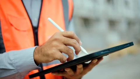 Close up hand engineer Using tablet for checking and maintenance to inspection. Stock Footage 194520800