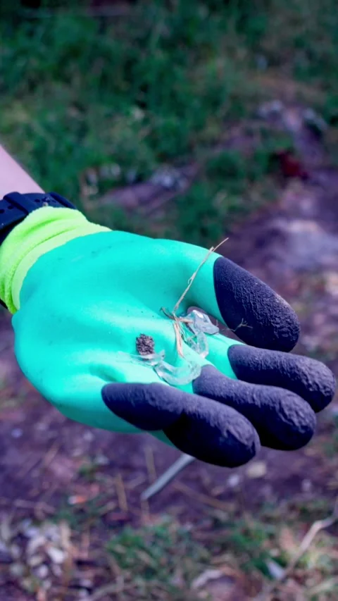Close up of hand in green glove picking up dirty plastic bottle Stock Footage 340577013