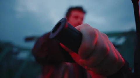 "Close-up: Hand grips handlebar, man accelerates motorbike, Outdoors." Stock Footage 255294553