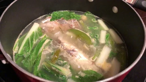Close up, hand-held shot of a boiling pot of beef soup and vegetables Stock Footage 151928143