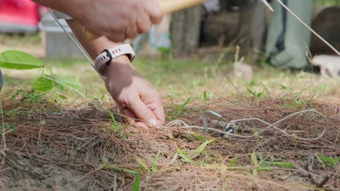 Close up of hand hit or beat anchor of the tent into the ground. Stock Footage 169282592
