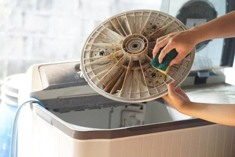 Close up hand hold sponge to scrub dirty strain on part of washing machine. Conc Stock Photos