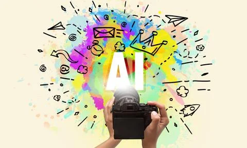 Close-up of a hand holding digital camera with abstract drawing Stock Photos