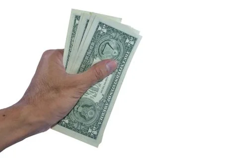Close up Hand holding dollar on white background Stock Photos