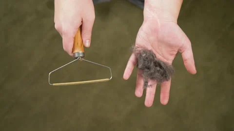 Close up of hand holding dust ball and carpet scraper tool. Rug cleaning de.. Stock Footage 229890648