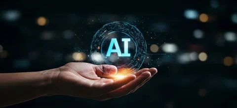 Close-up Hand Holding Glowing Digital AI Globe with Sparkles 4K 스톡 동영상 339267576