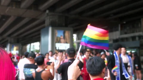Close up hand holding rainbow flag raise up for freedom with LGBT pride month. Stock Footage 276734853