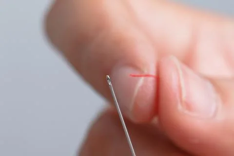 Close up hand holding the red threaded with stitching needles Stock Photos
