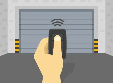 Close-up of hand holding remote controller and opens garage door. Inside view. Stock Illustration