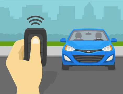 Close-up of hand holding remote controller car key. Outdoor parking area view. Stock Illustration