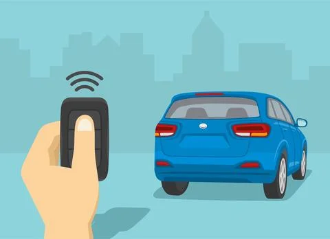 Close-up of hand holding remote controller car key. Back view of a blue suv. Stock Illustration