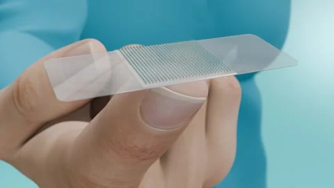 Close-Up of a Hand Holding a Skin Patch with Micro-Needles. Transdermal Stock Footage 263109761