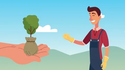 Close up of a hand holding a small plant with an animation of a gardener an.. Stock-Footage 339067451