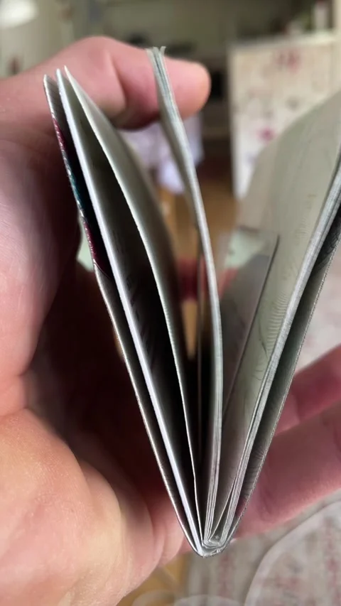 Close-up of hand holding a small stapled booklet in a warm interior Stock Footage 341671724