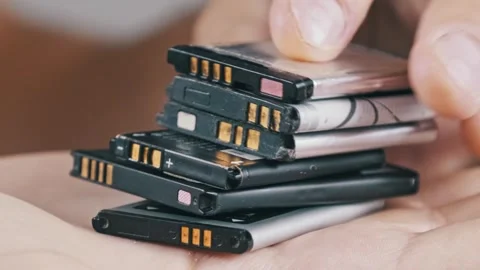 Close-up of Hand Holding a Stack of Old Mobile Phone Batteries Stock Footage 315796169