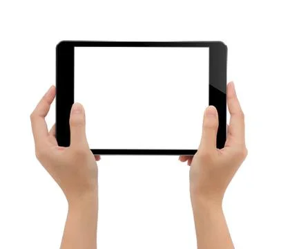 Close-up hand holding tablet, mock-up black digital tablet isolated on white Stock Photos