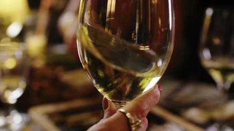 Close Up of Hand Holding White Wine Glass at Elegant Dinner Table Indoors Stock Footage 342285853