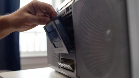 Close Up Hand Inserting Tape Pressing Play Retro Boombox Stock Footage 330092093