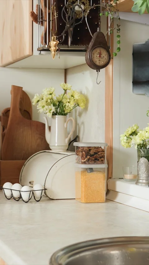 Close up of hand interacting with kettle toaster sink eggs plants in modern well Stock Footage 344423357
