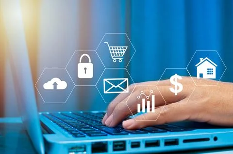 Close up hand on keyboard computer laptop. Business icon virtual Stock Photos