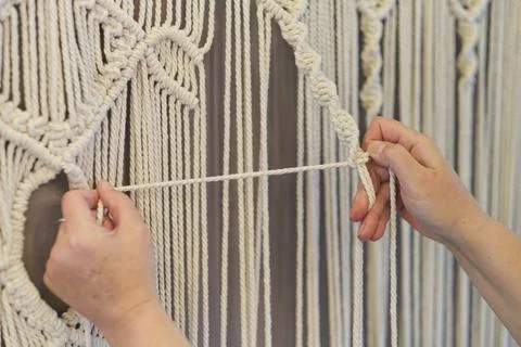 Close-up of hand made macrame texture pattern. ECO friendly modern knitting 스톡 사진