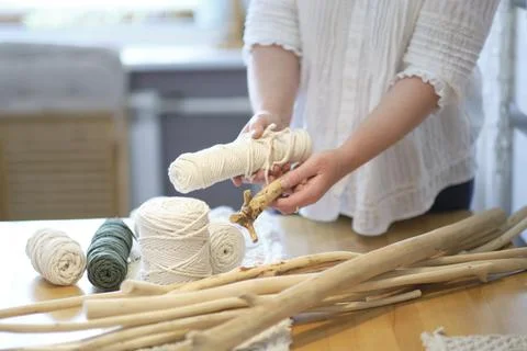 Close-up of hand made macrame texture pattern. ECO friendly modern knitting 스톡 사진
