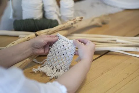 Close-up of hand made macrame texture pattern. ECO friendly modern knitting 스톡 사진