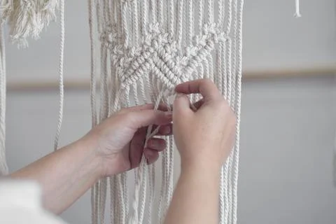 Close-up of hand made macrame texture pattern. ECO friendly modern knitting Stock Photos