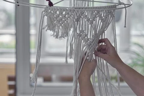 Close-up of hand made macrame texture pattern. ECO friendly modern knitting 스톡 사진