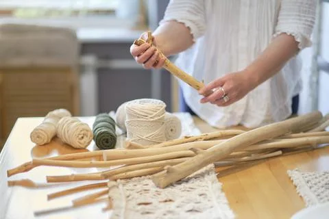 Close-up of hand made macrame texture pattern. ECO friendly modern knitting Stock Photos