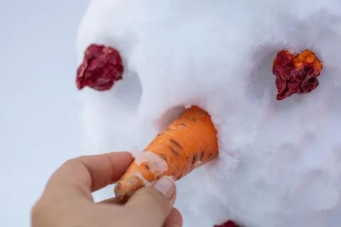 Close up of hand making snowman putting carrot as nose on face with red eyes on Stock Photos