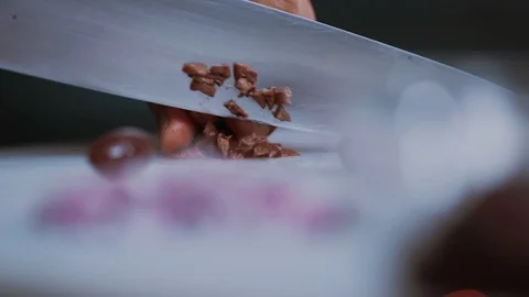 Close up hand man chef with knife cutting olive tasty slicing cook food kitchen Stock Footage 100303702
