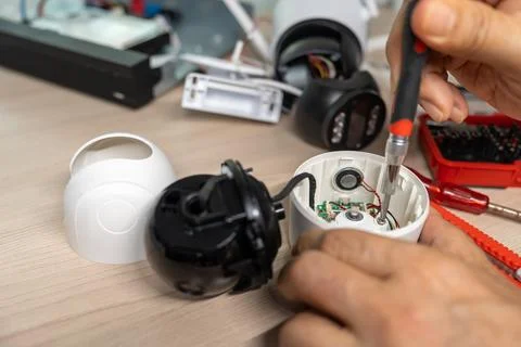 Close-up hand of man using screwdriver to repairing a wireless CCTV camera. Stock Photos